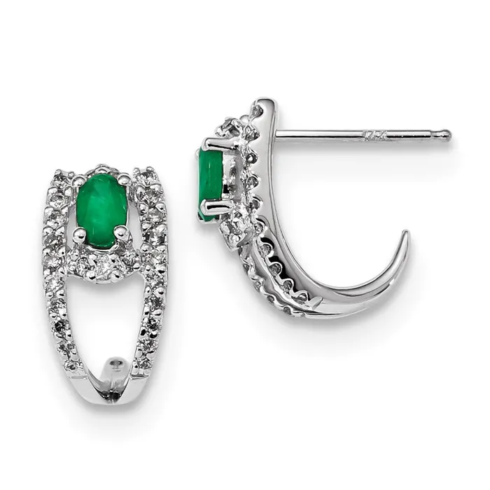 Goldia Earrings 14k White Gold Real Diamond and Emerald Polished J Hoop Earrings Goldia Earrings 14k White Gold Real Diamond and Emerald Polished J Hoop Earrings