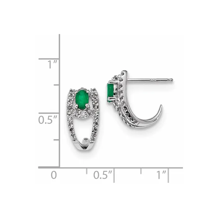 Goldia Earrings 14k White Gold Real Diamond and Emerald Polished J Hoop Earrings