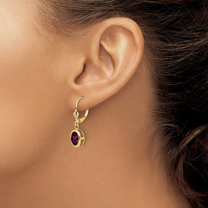 Goldia Earrings 14k Yellow Gold 8x6mm Oval Rhodolite Garnet Leverback Earrings