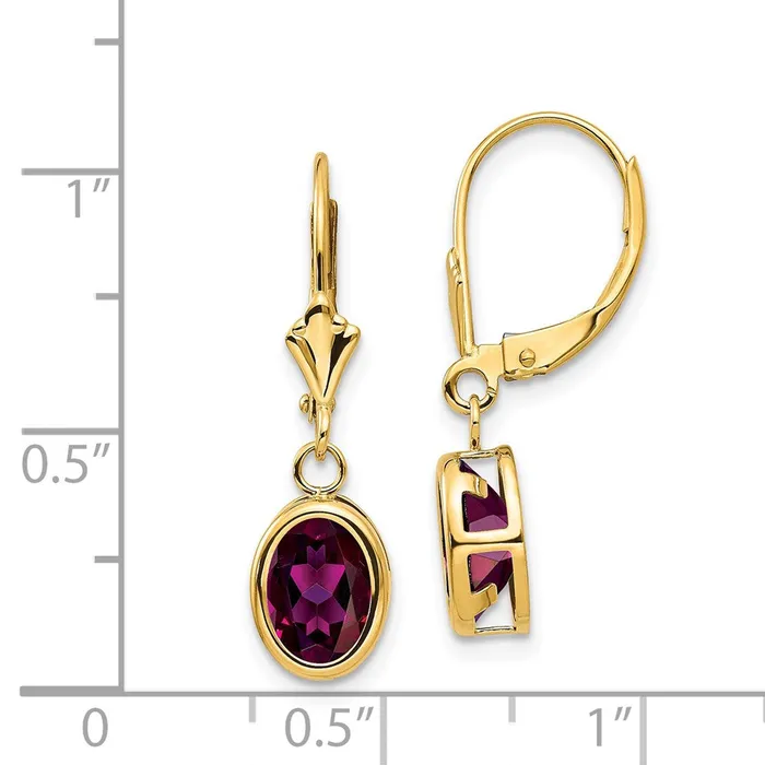 Goldia Earrings 14k Yellow Gold 8x6mm Oval Rhodolite Garnet Leverback Earrings
