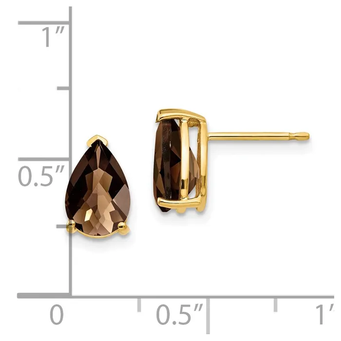 Goldia Earrings 14k Yellow Gold 9x6 Pear CheckerCut Smok Yellow Gold Quartz Earrings