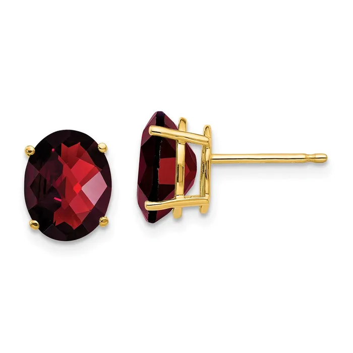 Goldia Earrings 14k Yellow Gold 9x7mm Oval Garnet Checker Earrings