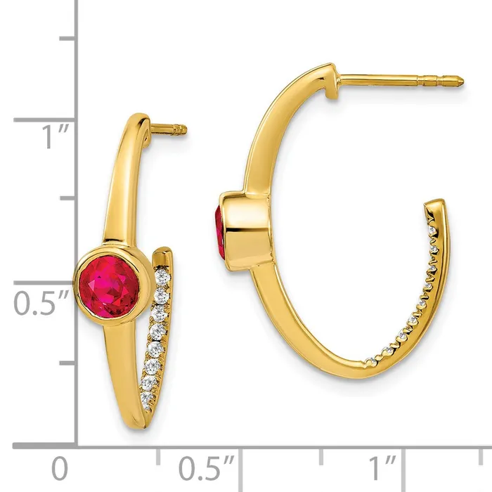Goldia Earrings 14k Yellow Gold Created Ruby and Real Diamond JHoop Earrings