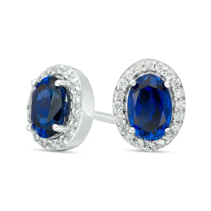 Goldia Earrings Oval LabCreated Blue Sapphire and 013 CT TW Diamond Frame Stud Earrings in 10K White Gold