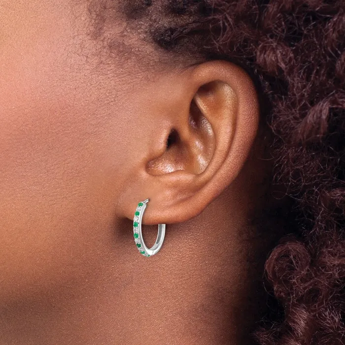 Goldia Earrings Solid 14k White Gold Simulated CZ and Emerald Hinged Hoop Earrings