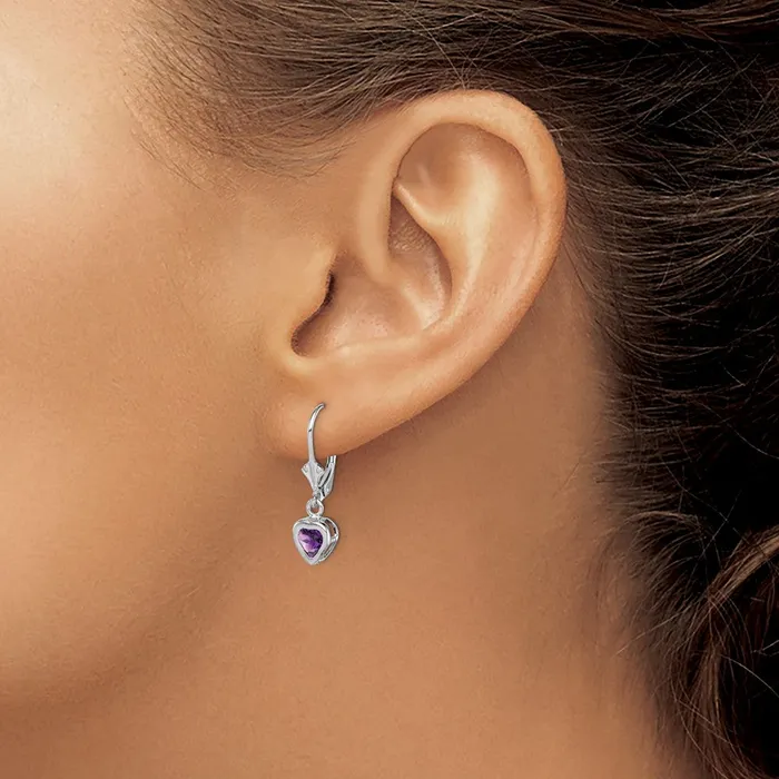 Goldia Earrings Sterling Silver Rhodium Plated 5mm Heart Amethyst Leverback Earrings