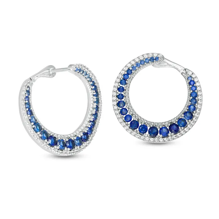 Goldia LabCreated Blue and White Sapphire Graduated Double Row Curved Hoop Earrings in Sterling Silver Earrings Goldia LabCreated Blue and White Sapphire Graduated Double Row Curved Hoop Earrings in Sterling Silver Earrings