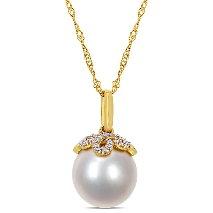 Goldia Necklaces 100 110mm Cultured South Sea Pearl and 007 CT TW Natural Diamond Leaf Top Pendant in 14K Gold 17 Goldia Necklaces 100 110mm Cultured South Sea Pearl and 007 CT TW Natural Diamond Leaf Top Pendant in 14K Gold 17