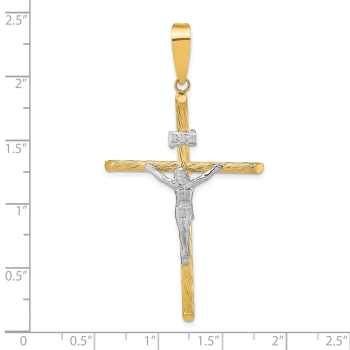 Goldia Necklaces 14k Yellow Rhodium Gold wWhite Rhod Polished Textured INRI Crucifix Cross Pendant