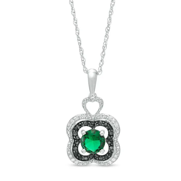 Goldia Necklaces 55mm LabCreated Emerald and 007 CT TW White and Enhanced Black Diamond Clover Pendant in Sterling Silver Goldia Necklaces 55mm LabCreated Emerald and 007 CT TW White and Enhanced Black Diamond Clover Pendant in Sterling Silver