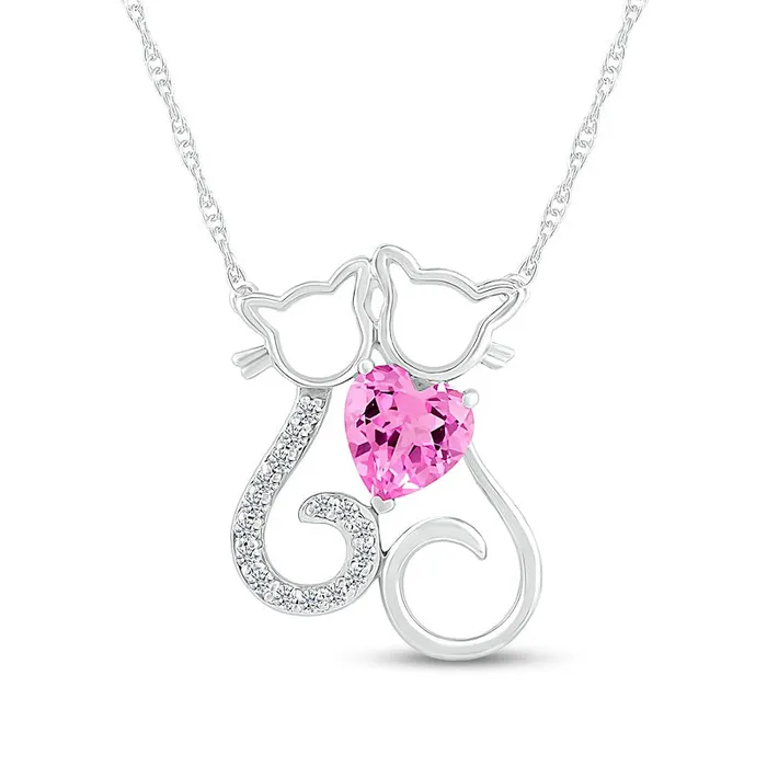 Goldia Necklaces 60mm HeartShaped Pink and White LabCreated Sapphire Motherly Love Cat and Kitten Necklace in Sterling Silver Goldia Necklaces 60mm HeartShaped Pink and White LabCreated Sapphire Motherly Love Cat and Kitten Necklace in Sterling Silver