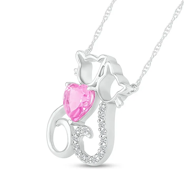 Goldia Necklaces 60mm HeartShaped Pink and White LabCreated Sapphire Motherly Love Cat and Kitten Necklace in Sterling Silver Goldia Necklaces 60mm HeartShaped Pink and White LabCreated Sapphire Motherly Love Cat and Kitten Necklace in Sterling Silver