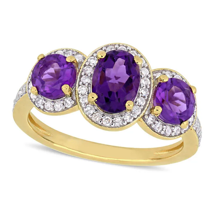 Goldia Oval Amethyst and 025 CT TW Natural Diamond Three Stone Frame Antique VintageStyle Ring in Sterling Silver with Yellow Rhodium Rings Goldia Oval Amethyst and 025 CT TW Natural Diamond Three Stone Frame Antique VintageStyle Ring in Sterling Silver with Yellow Rhodium Rings