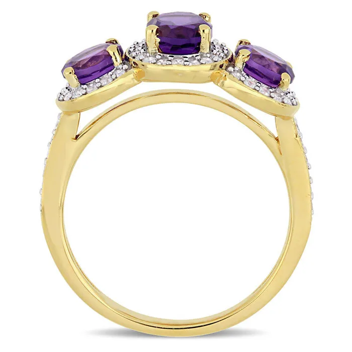 Goldia Oval Amethyst and 025 CT TW Natural Diamond Three Stone Frame Antique VintageStyle Ring in Sterling Silver with Yellow Rhodium Rings Goldia Oval Amethyst and 025 CT TW Natural Diamond Three Stone Frame Antique VintageStyle Ring in Sterling Silver with Yellow Rhodium Rings