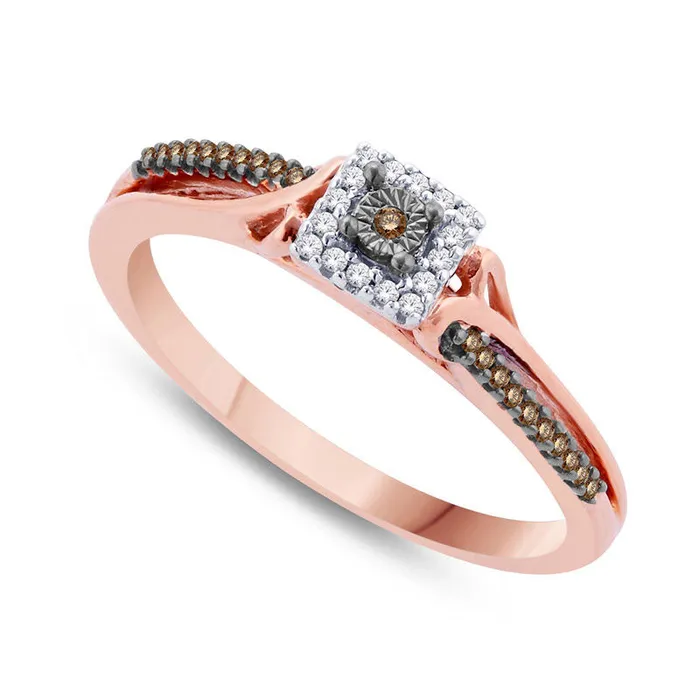 Goldia Rings 010 CT TW Champagne and White Natural Diamond Square Frame Promise Ring in Solid 10K Rose Gold Goldia Rings 010 CT TW Champagne and White Natural Diamond Square Frame Promise Ring in Solid 10K Rose Gold