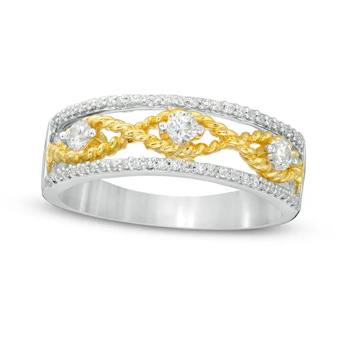 Goldia Rings 025 CT TW Natural Diamond Three Stone Rope Twist center Ring in Sterling Silver and Solid 10K Yellow Gold Goldia Rings 025 CT TW Natural Diamond Three Stone Rope Twist center Ring in Sterling Silver and Solid 10K Yellow Gold