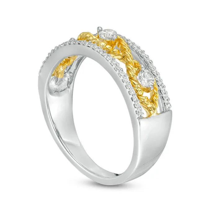 Goldia Rings 025 CT TW Natural Diamond Three Stone Rope Twist center Ring in Sterling Silver and Solid 10K Yellow Gold Goldia Rings 025 CT TW Natural Diamond Three Stone Rope Twist center Ring in Sterling Silver and Solid 10K Yellow Gold