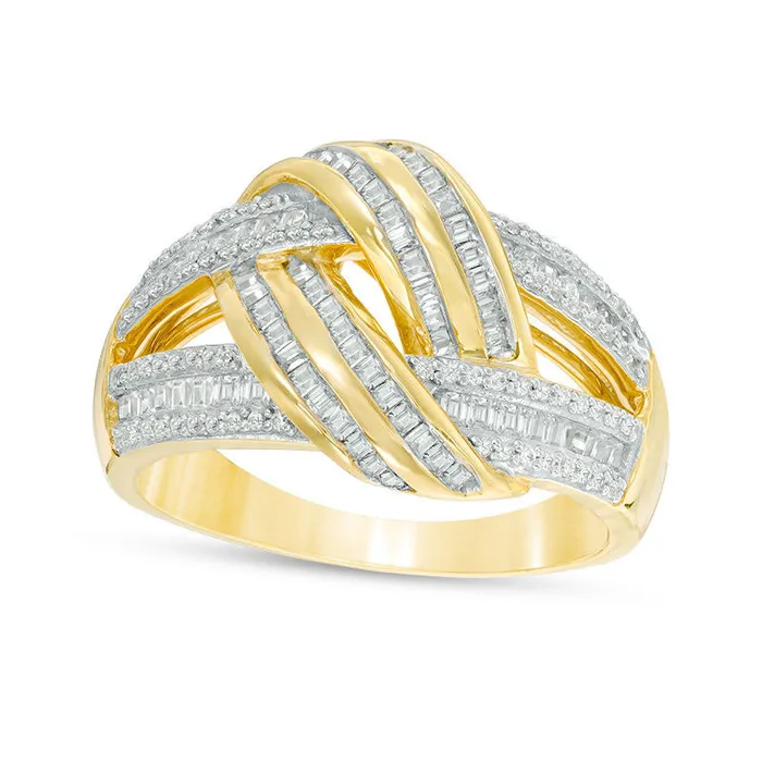 Goldia Rings 075 CT TW Baguette and Round Natural Diamond MultiRow Knot Ring in Solid 10K Yellow Gold Goldia Rings 075 CT TW Baguette and Round Natural Diamond MultiRow Knot Ring in Solid 10K Yellow Gold
