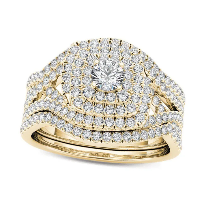 Goldia Rings 10 CT TW Natural Diamond Cushion Frame Split Shank Three Piece Bridal Engagement Ring Set in Solid 14K Gold Goldia Rings 10 CT TW Natural Diamond Cushion Frame Split Shank Three Piece Bridal Engagement Ring Set in Solid 14K Gold