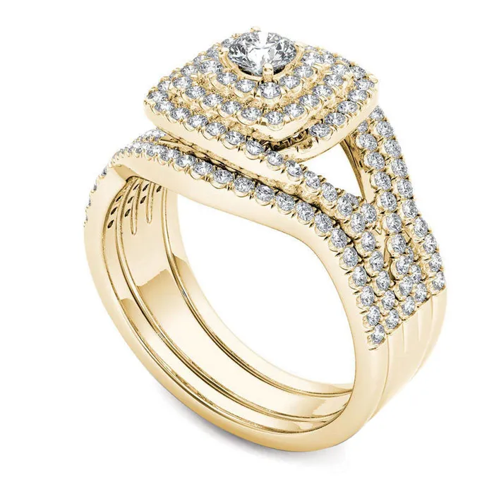 Goldia Rings 10 CT TW Natural Diamond Cushion Frame Split Shank Three Piece Bridal Engagement Ring Set in Solid 14K Gold Goldia Rings 10 CT TW Natural Diamond Cushion Frame Split Shank Three Piece Bridal Engagement Ring Set in Solid 14K Gold