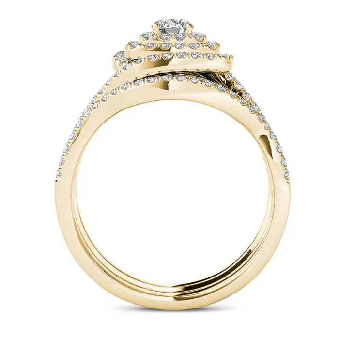 Goldia Rings 10 CT TW Natural Diamond Cushion Frame Split Shank Three Piece Bridal Engagement Ring Set in Solid 14K Gold Goldia Rings 10 CT TW Natural Diamond Cushion Frame Split Shank Three Piece Bridal Engagement Ring Set in Solid 14K Gold