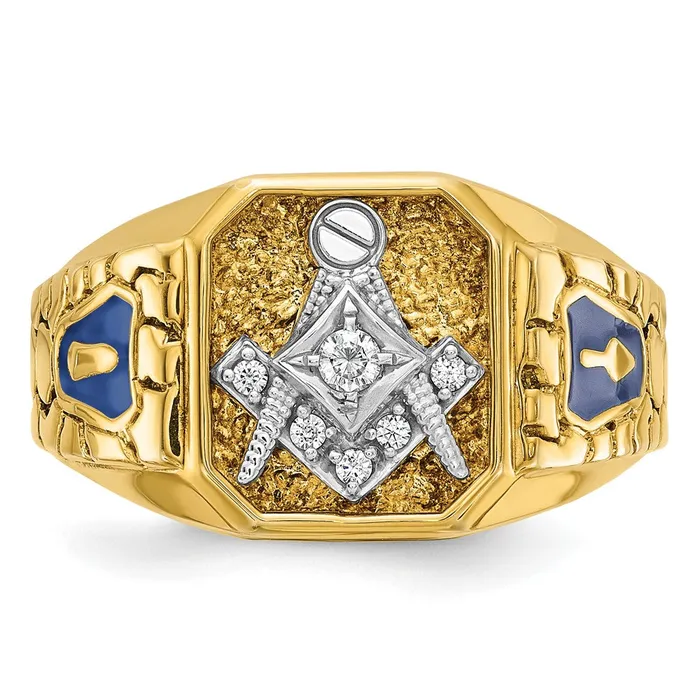 Goldia Rings 14k Twotone Gold Mens Polished and Textured with Blue Enamel and Diamond Blue Lodge Master Masonic Ring