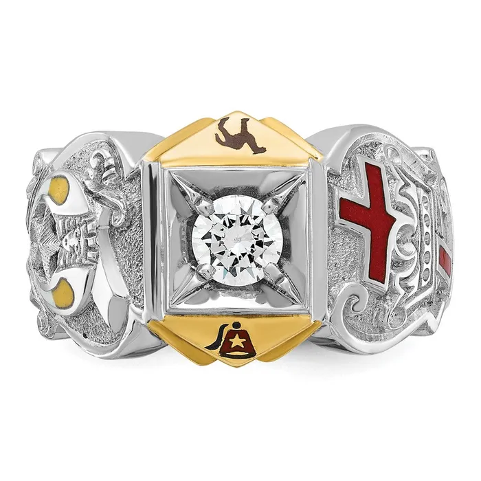 Goldia Rings 14k Twotone Gold Mens Polished and Textured with Multicolor Enamel and Diamond Knights Templar Masonic Shriners Ring