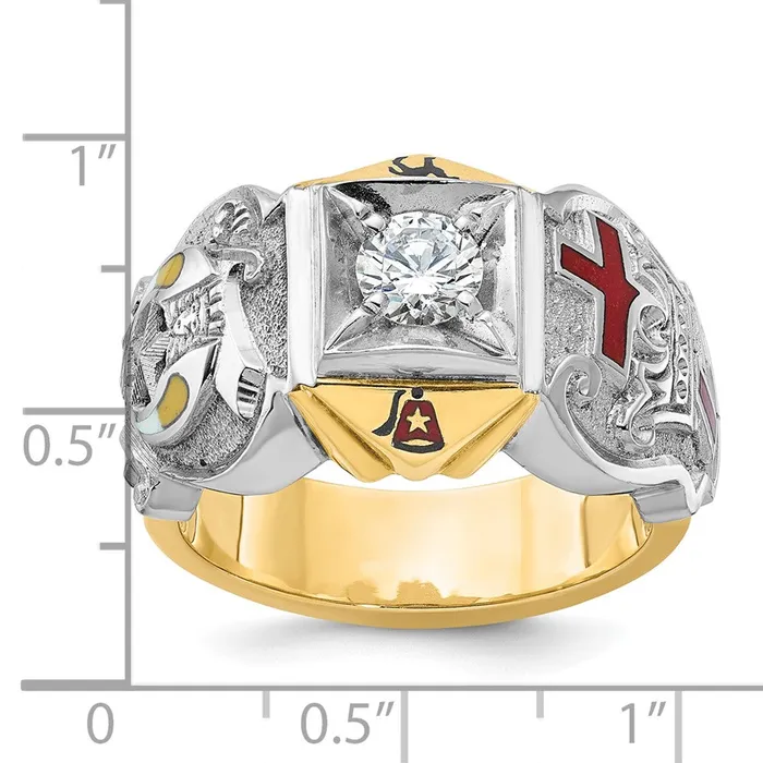 Goldia Rings 14k Twotone Gold Mens Polished and Textured with Multicolor Enamel and Diamond Knights Templar Masonic Shriners Ring