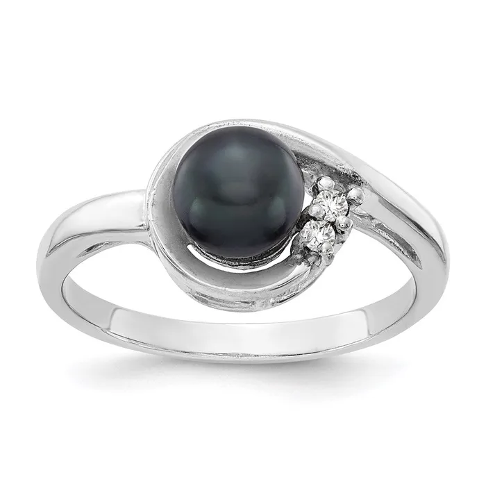 Goldia Rings 14k White Gold 6mm Black FW Cultured Pearl A Real Diamond ring
