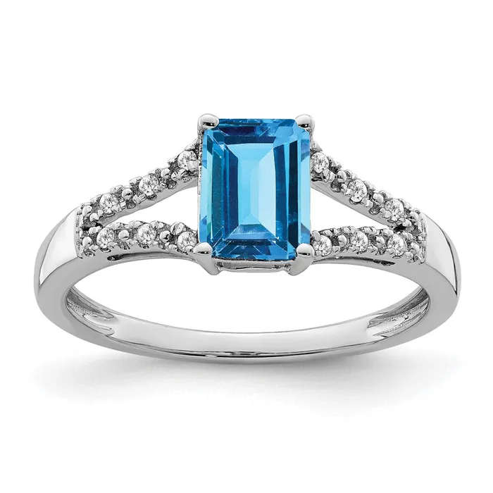 Goldia Rings 14k White Gold Emeraldcut Blue Topaz and Real Diamond Ring