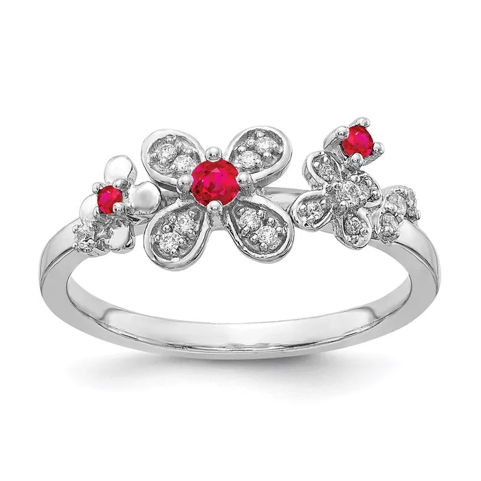 Goldia Rings 14k White Gold Real Diamond and Ruby Flower Ring