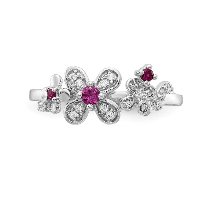 Goldia Rings 14k White Gold Real Diamond and Ruby Flower Ring