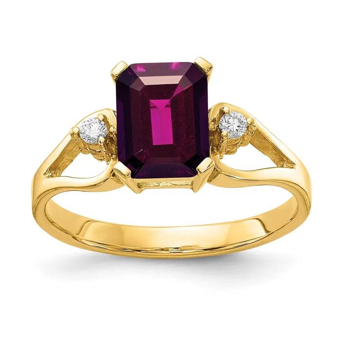 Goldia Rings 14k Yellow Gold 8x6mm Emerald Cut Rhodolite Garnet AA Diamond ring Goldia Rings 14k Yellow Gold 8x6mm Emerald Cut Rhodolite Garnet AA Diamond ring