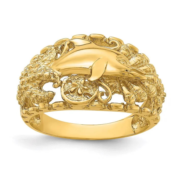 Goldia Rings 14K Yellow Gold Dolphin and Sand Dollar Ring