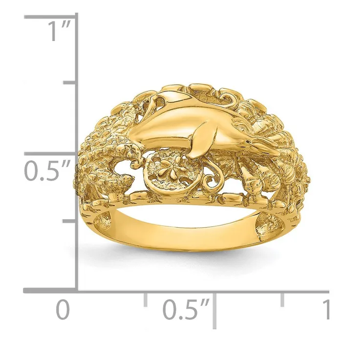 Goldia Rings 14K Yellow Gold Dolphin and Sand Dollar Ring