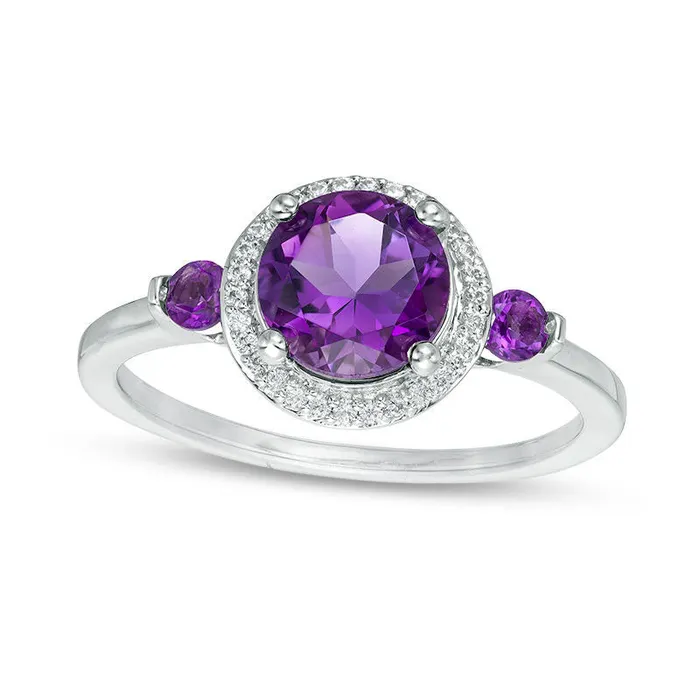Goldia Rings 65mm Amethyst and 017 CT TW Natural Diamond Frame Three Stone Ring in Sterling Silver Goldia Rings 65mm Amethyst and 017 CT TW Natural Diamond Frame Three Stone Ring in Sterling Silver
