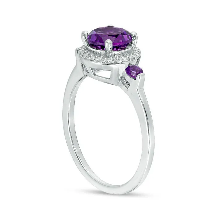 Goldia Rings 65mm Amethyst and 017 CT TW Natural Diamond Frame Three Stone Ring in Sterling Silver Goldia Rings 65mm Amethyst and 017 CT TW Natural Diamond Frame Three Stone Ring in Sterling Silver