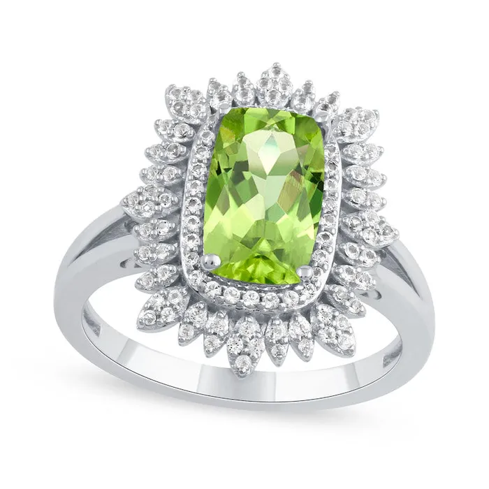 Goldia Rings CushionCut Peridot and White Topaz Floral Frame Split Shank Ring in Solid 10K White Gold Goldia Rings CushionCut Peridot and White Topaz Floral Frame Split Shank Ring in Solid 10K White Gold