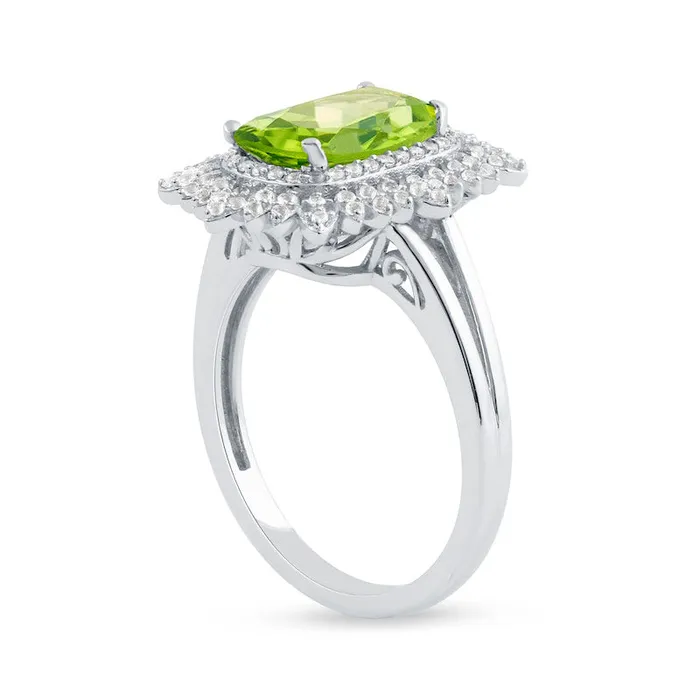Goldia Rings CushionCut Peridot and White Topaz Floral Frame Split Shank Ring in Solid 10K White Gold Goldia Rings CushionCut Peridot and White Topaz Floral Frame Split Shank Ring in Solid 10K White Gold