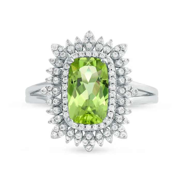 Goldia Rings CushionCut Peridot and White Topaz Floral Frame Split Shank Ring in Solid 10K White Gold Goldia Rings CushionCut Peridot and White Topaz Floral Frame Split Shank Ring in Solid 10K White Gold