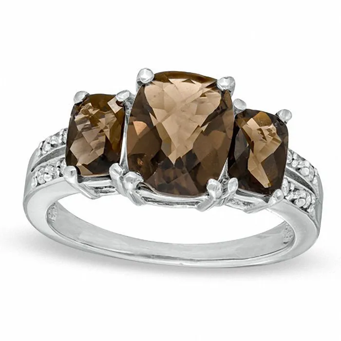 Goldia Rings CushionCut Smoky Quartz and Natural Diamond Accent Ring in Solid 10K White Gold Goldia Rings CushionCut Smoky Quartz and Natural Diamond Accent Ring in Solid 10K White Gold
