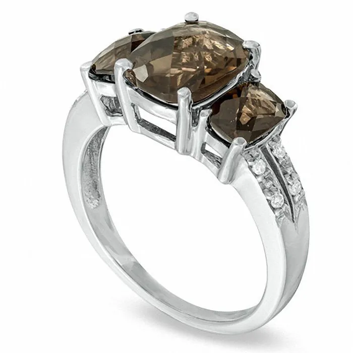 Goldia Rings CushionCut Smoky Quartz and Natural Diamond Accent Ring in Solid 10K White Gold Goldia Rings CushionCut Smoky Quartz and Natural Diamond Accent Ring in Solid 10K White Gold