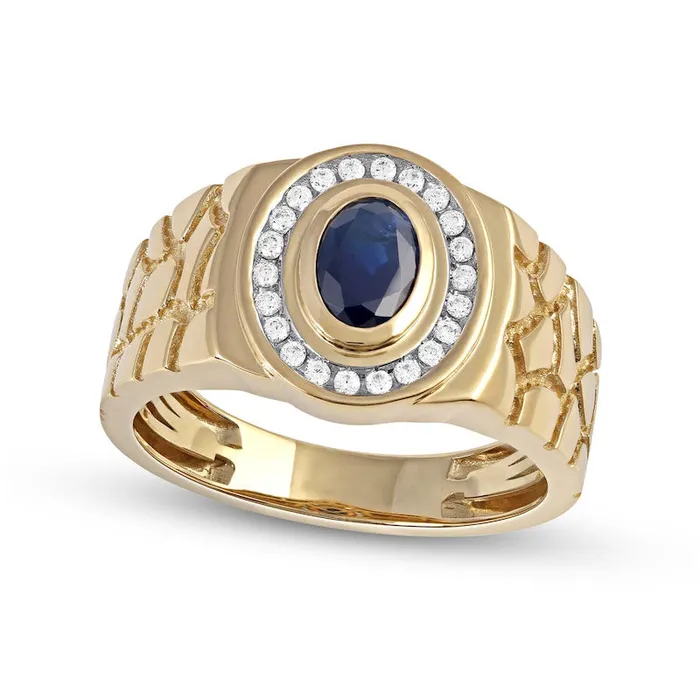 Goldia Rings Mens Oval Blue Sapphire and 020 CT TW Natural Diamond Frame Nugget Shank Ring in Solid 10K Yellow Gold Goldia Rings Mens Oval Blue Sapphire and 020 CT TW Natural Diamond Frame Nugget Shank Ring in Solid 10K Yellow Gold