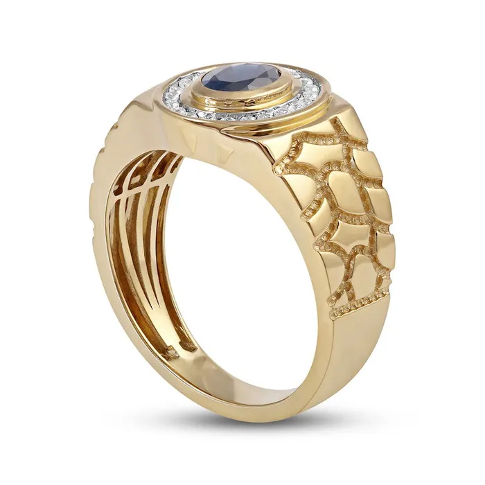 Goldia Rings Mens Oval Blue Sapphire and 020 CT TW Natural Diamond Frame Nugget Shank Ring in Solid 10K Yellow Gold Goldia Rings Mens Oval Blue Sapphire and 020 CT TW Natural Diamond Frame Nugget Shank Ring in Solid 10K Yellow Gold