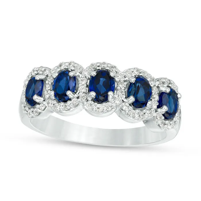 Goldia Rings Oval LabCreated Blue Sapphire and 033 CT TW Diamond Frame Five Stone Ring in Solid 10K White Gold Goldia Rings Oval LabCreated Blue Sapphire and 033 CT TW Diamond Frame Five Stone Ring in Solid 10K White Gold
