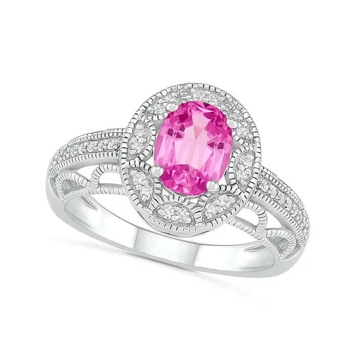 Goldia Rings Oval LabCreated Pink and White Sapphire Frame Scallop Border Shank Antique VintageStyle Ring in Sterling Silver Goldia Rings Oval LabCreated Pink and White Sapphire Frame Scallop Border Shank Antique VintageStyle Ring in Sterling Silver