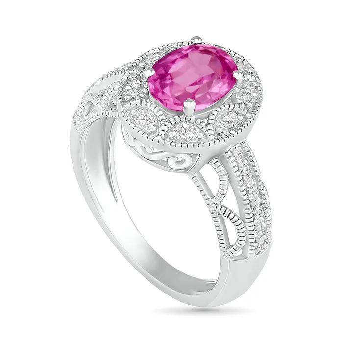 Goldia Rings Oval LabCreated Pink and White Sapphire Frame Scallop Border Shank Antique VintageStyle Ring in Sterling Silver Goldia Rings Oval LabCreated Pink and White Sapphire Frame Scallop Border Shank Antique VintageStyle Ring in Sterling Silver