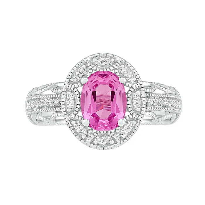 Goldia Rings Oval LabCreated Pink and White Sapphire Frame Scallop Border Shank Antique VintageStyle Ring in Sterling Silver Goldia Rings Oval LabCreated Pink and White Sapphire Frame Scallop Border Shank Antique VintageStyle Ring in Sterling Silver