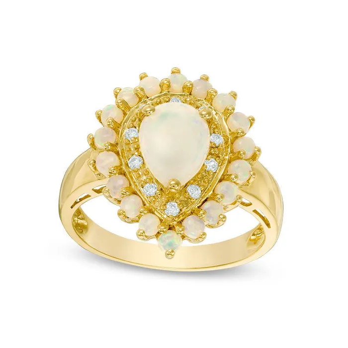 Goldia Rings PearShaped Opal and 007 CT TW Natural Diamond Double Frame Ring in Solid 14K Gold