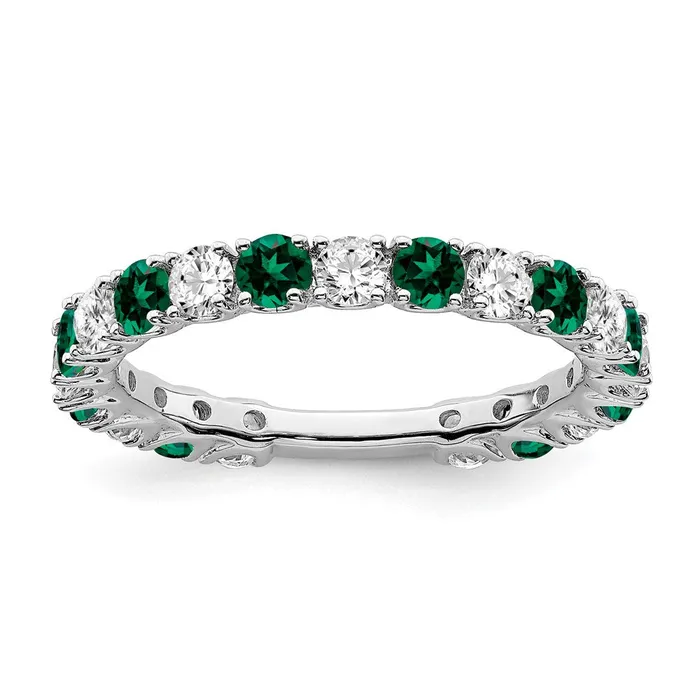 Goldia Rings Solid 14k White Gold Created Simulated Emerald and CZ Band